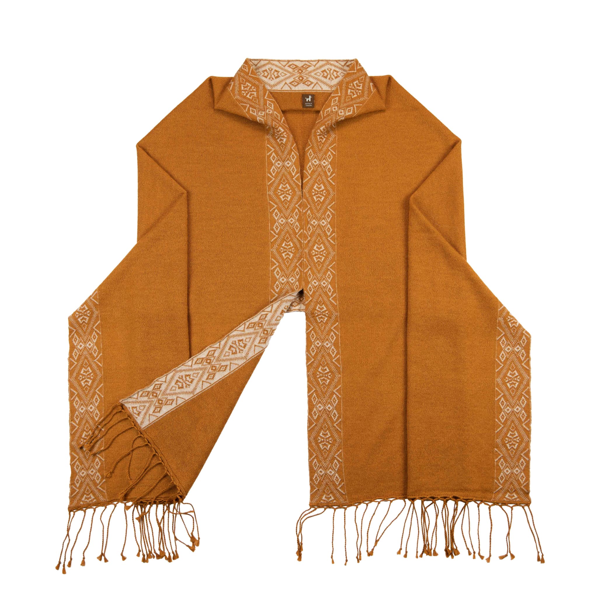 Frontalaufnahme Flor Alpaka Poncho Schal in Farbe Kamel
