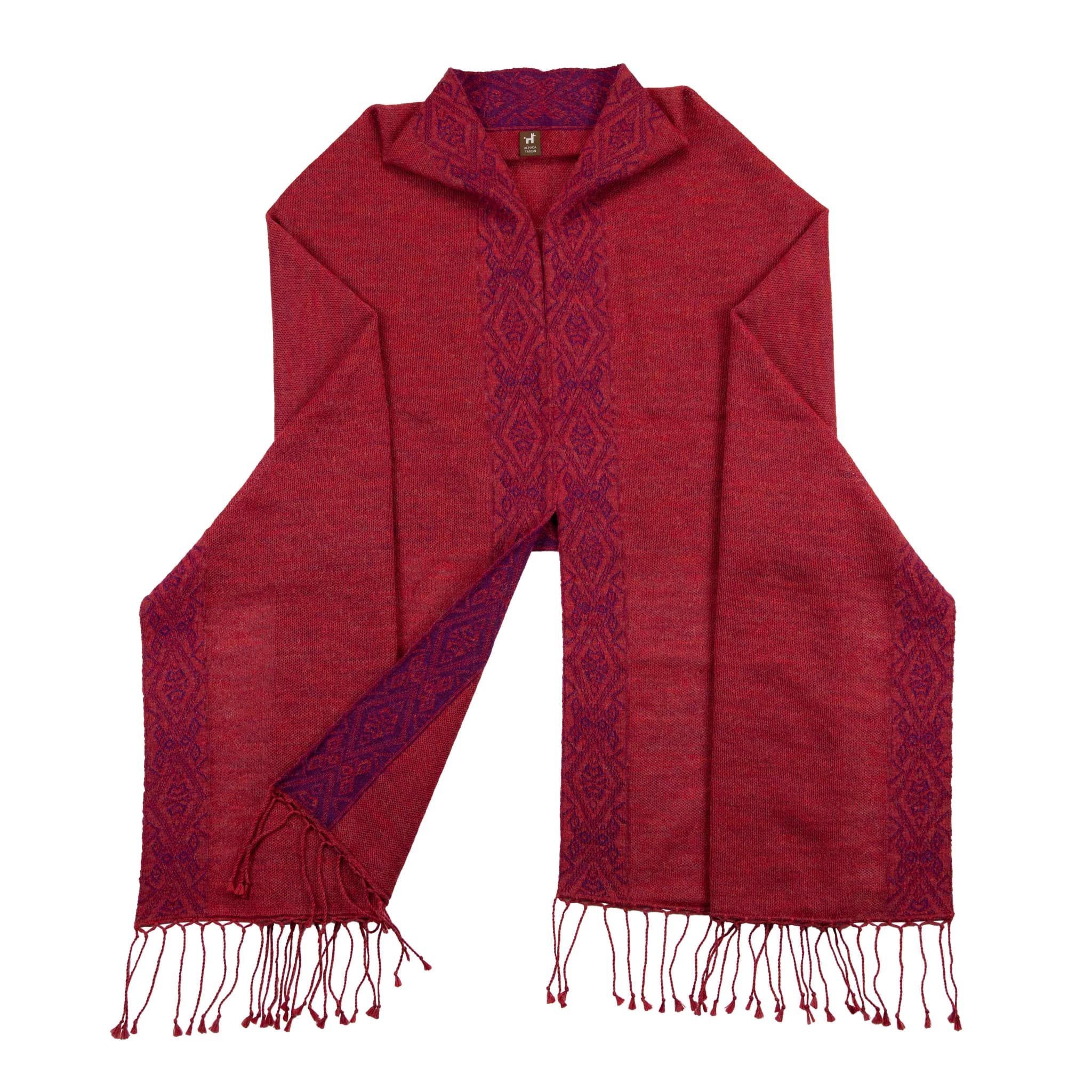 Roter Alpaka Poncho Schal Flor mit Fransen von vorne