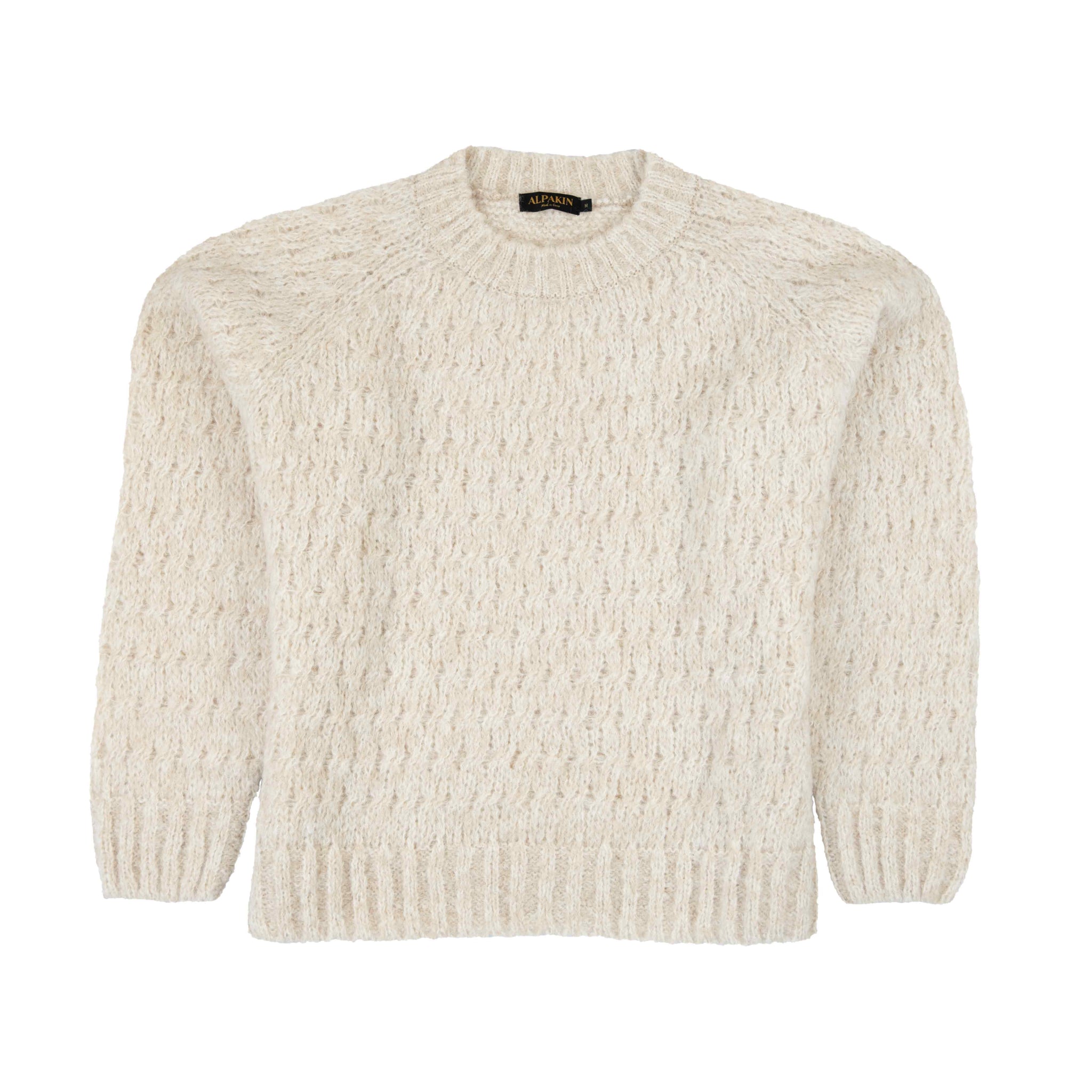 Cremefarbiger Alpaka Strickpullover Liya mit Zopfmuster von Alpakin – Frontalansicht