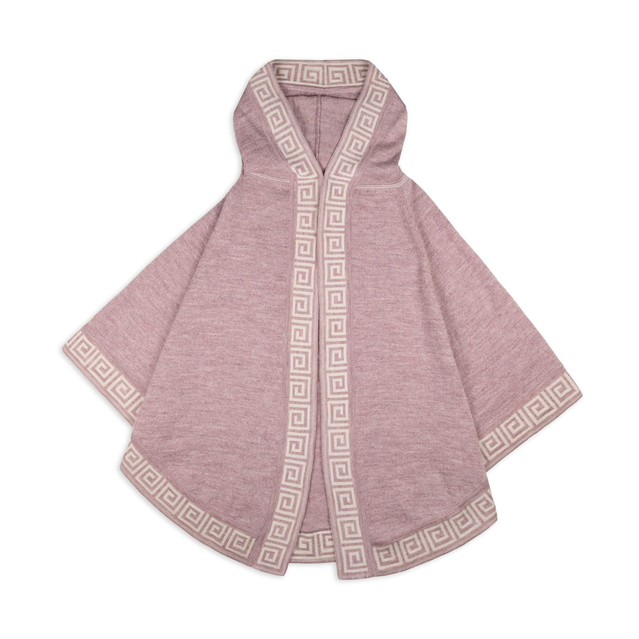 Alpaka Kurzponcho in rosa von vorne mit eleganter Musterung in weiß - gefertigt in Peru von Alpakin
