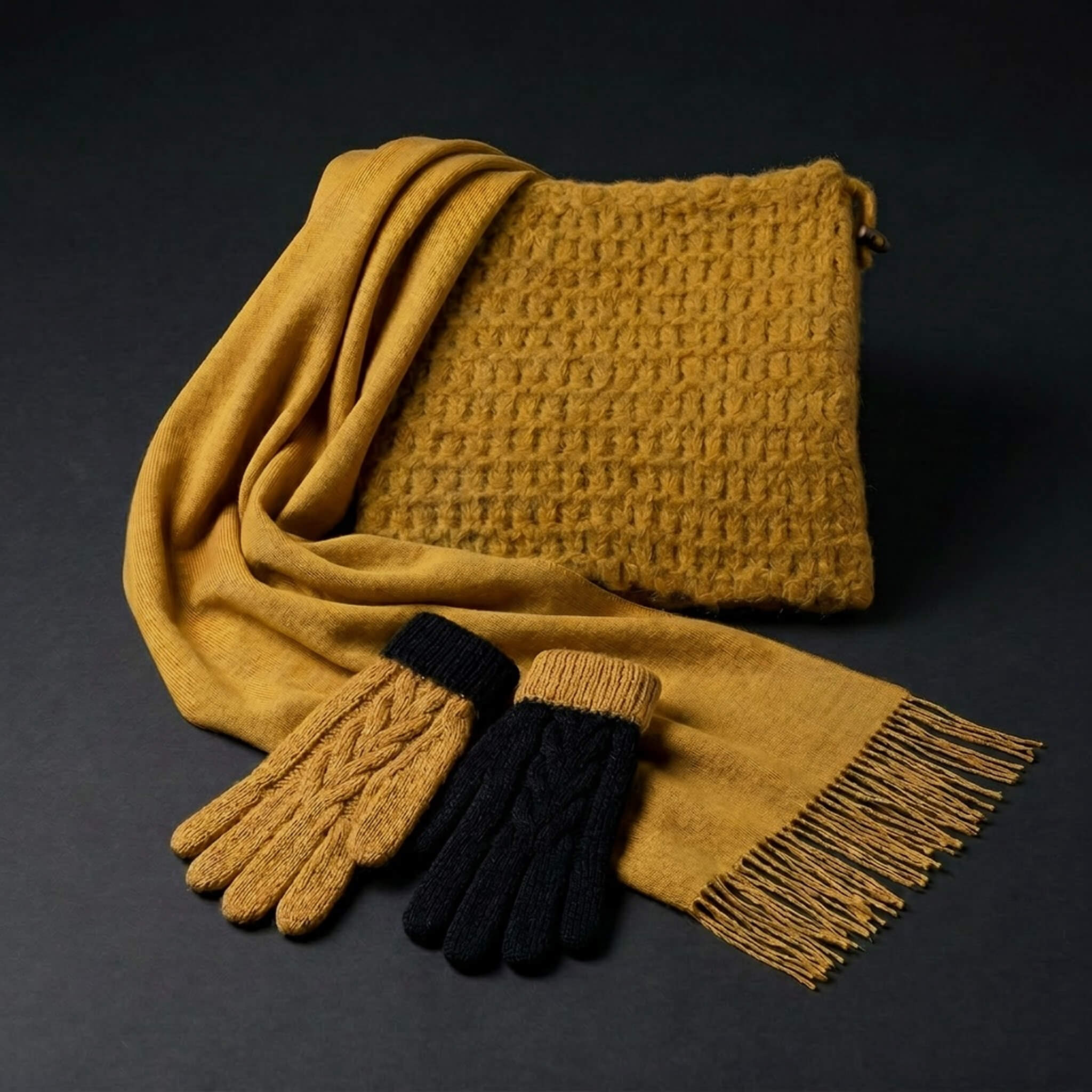 handschuhe und schal set damen Vintage Senfgelb Set Damen – Schal, Loop-Mütze & Handschuhe I Alpakin