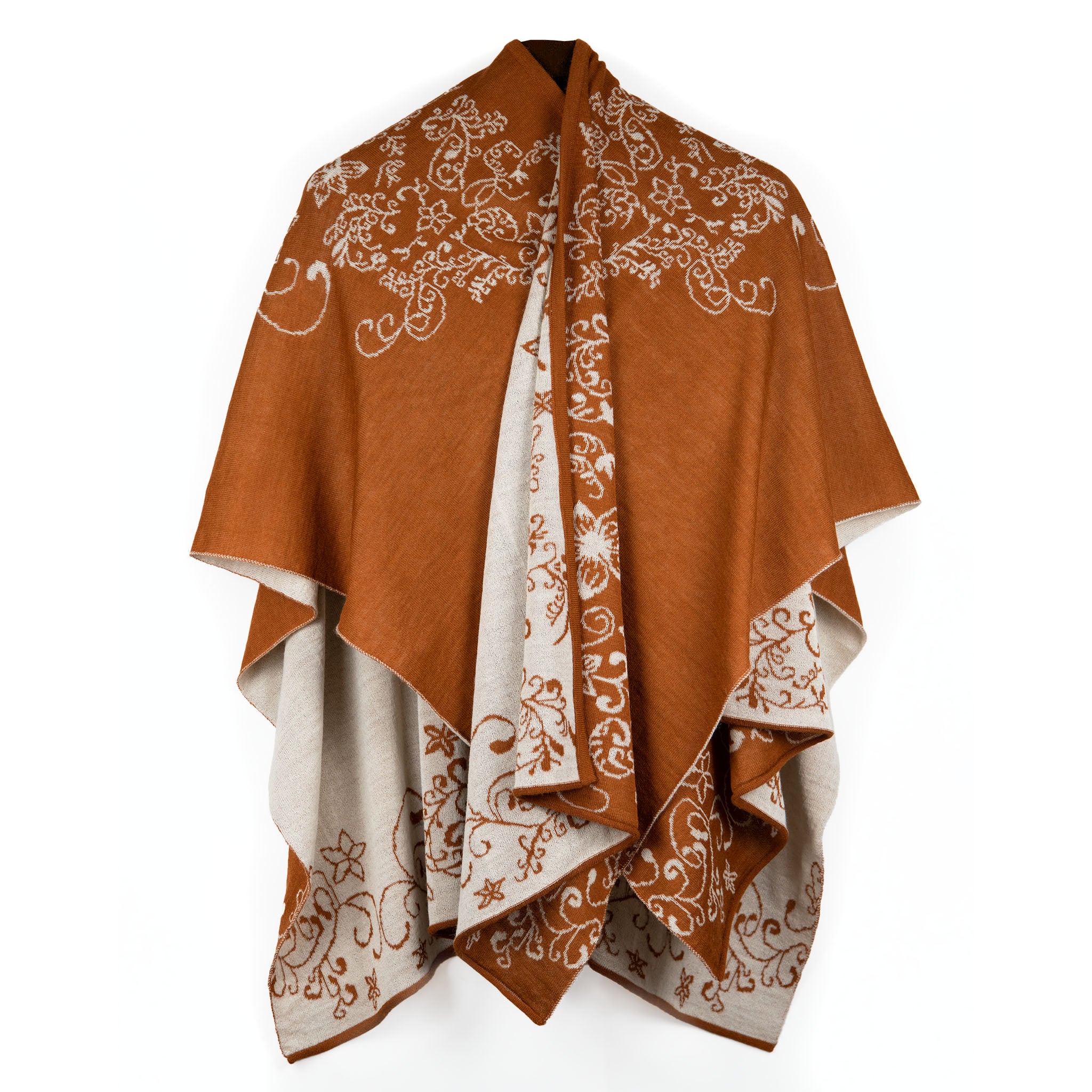 Dunkelorange-farbiger Alpaka Poncho mit feinem Blumenmuster in weiß