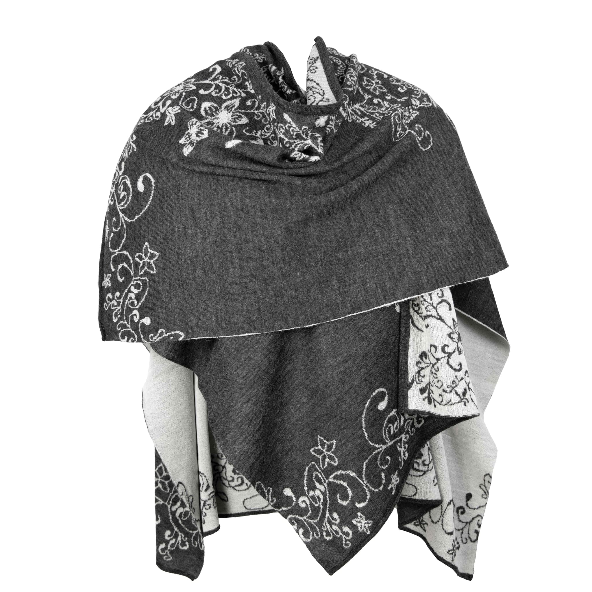 Umgeschlagener Alpaka Poncho mit Blumenmuster in Naturfarbe Holzkohle und weiß