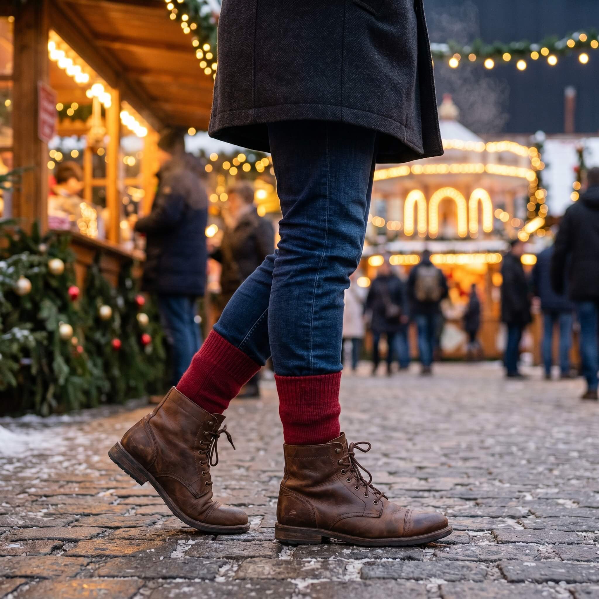 Alpaka Wintersocken in rot sorgen für warme Füße auf dem Weihnachtsmarkt