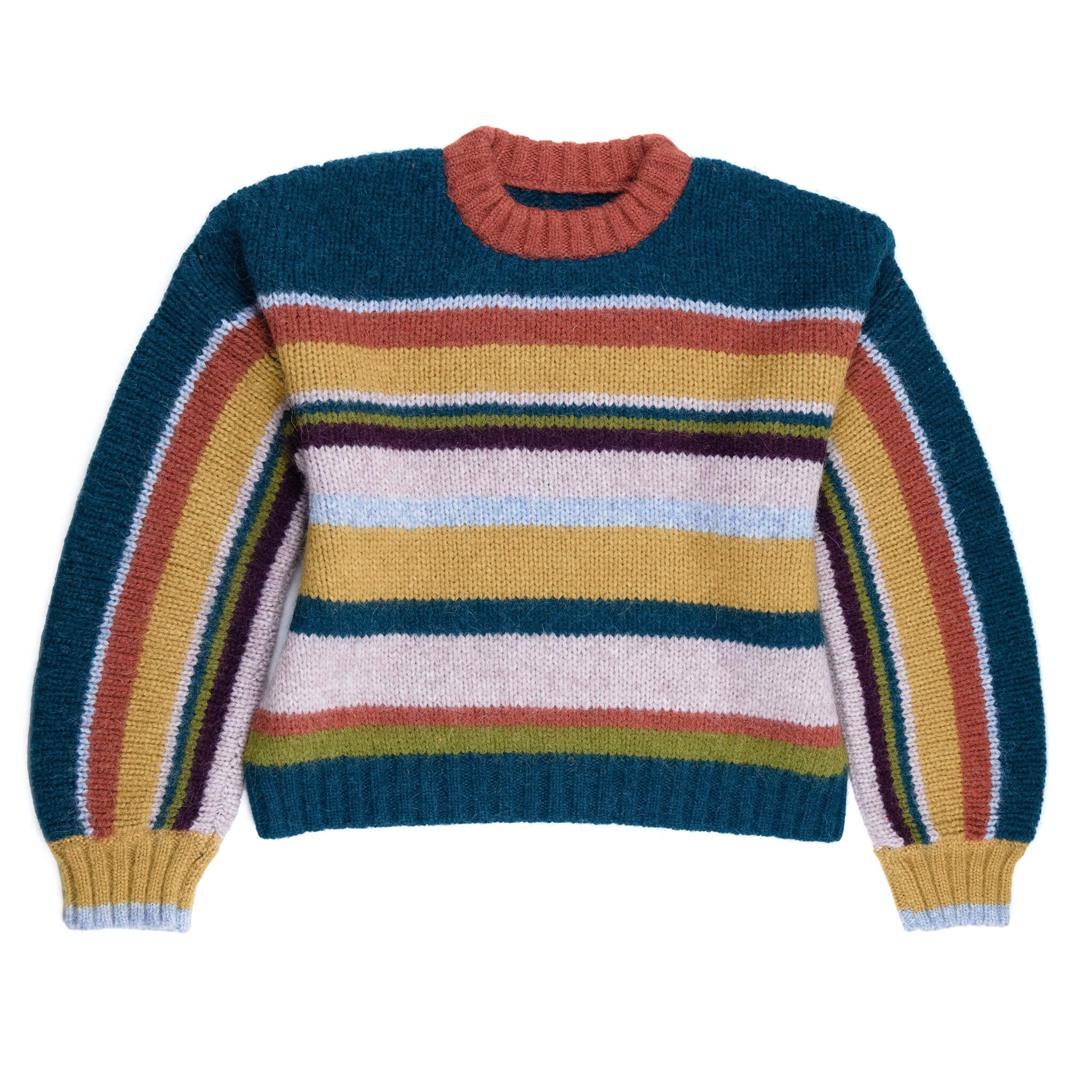 Cusi bunter Alpaka Pullover für Damen von vorne vor weißem Hintergrund