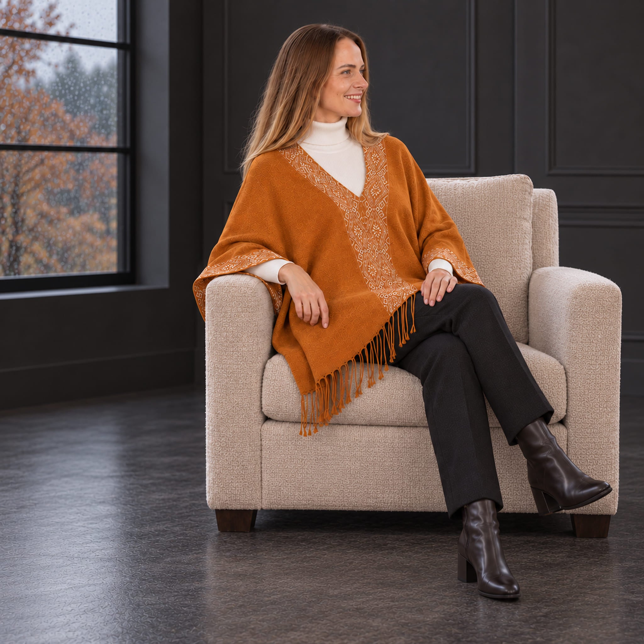 Sitzende, dunkelblonde Frau trägt den leichten Flor Alpaka Poncho Schal in Farbe Kamel mit Rollkragenpullover stilvoll