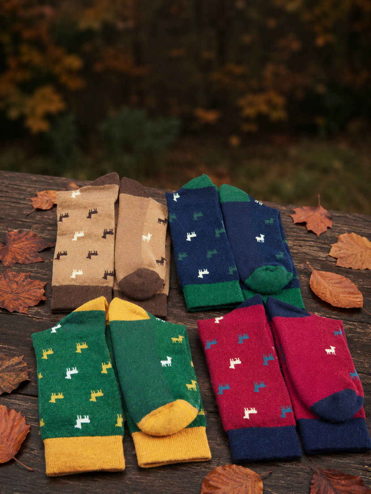 Warme Socken mit Alpaka Motiv vor herbstlicher Kulisse