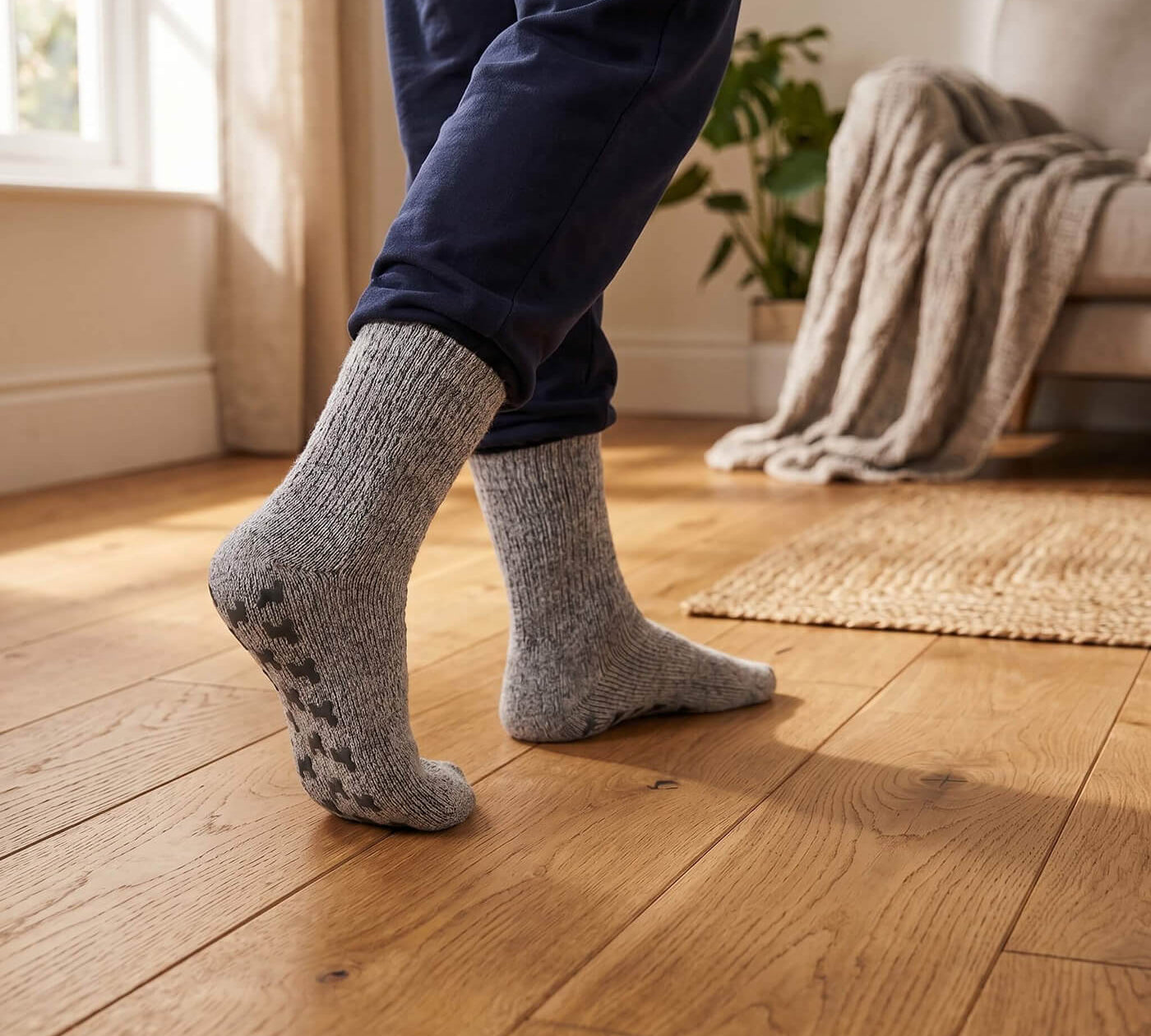 Kundenmeinung zu Alpaka Stoppersocken laufend auf Holzboden