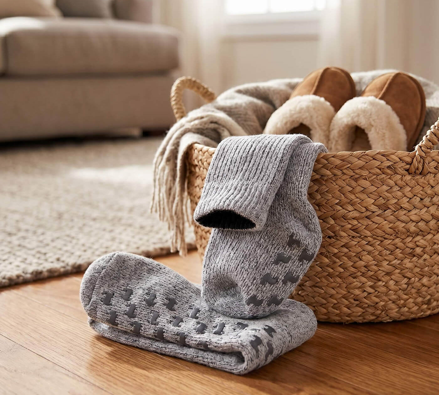 Kundenmeinung zu Alpaka Stoppersocken gemütlich zuhause im Korb als Hausschuhe