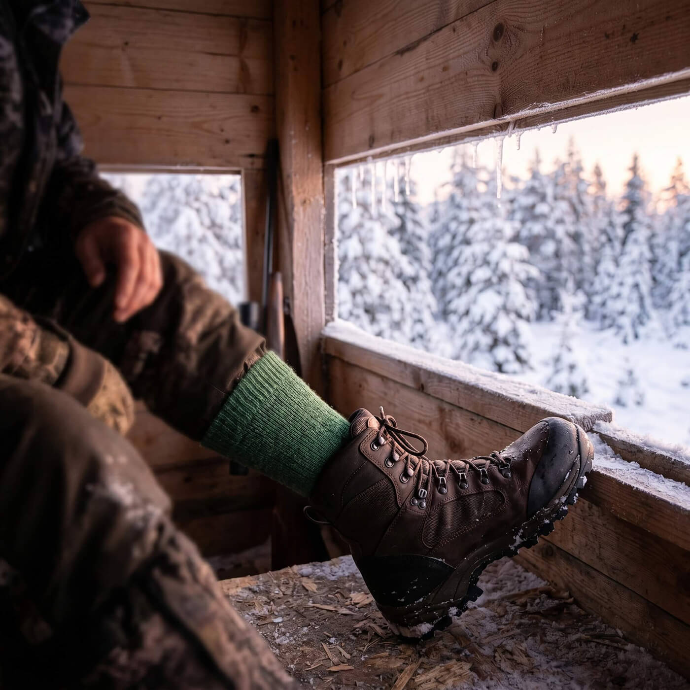 Wärmste Alpaka Socken getragne von einem Jäger beim Winteransitz