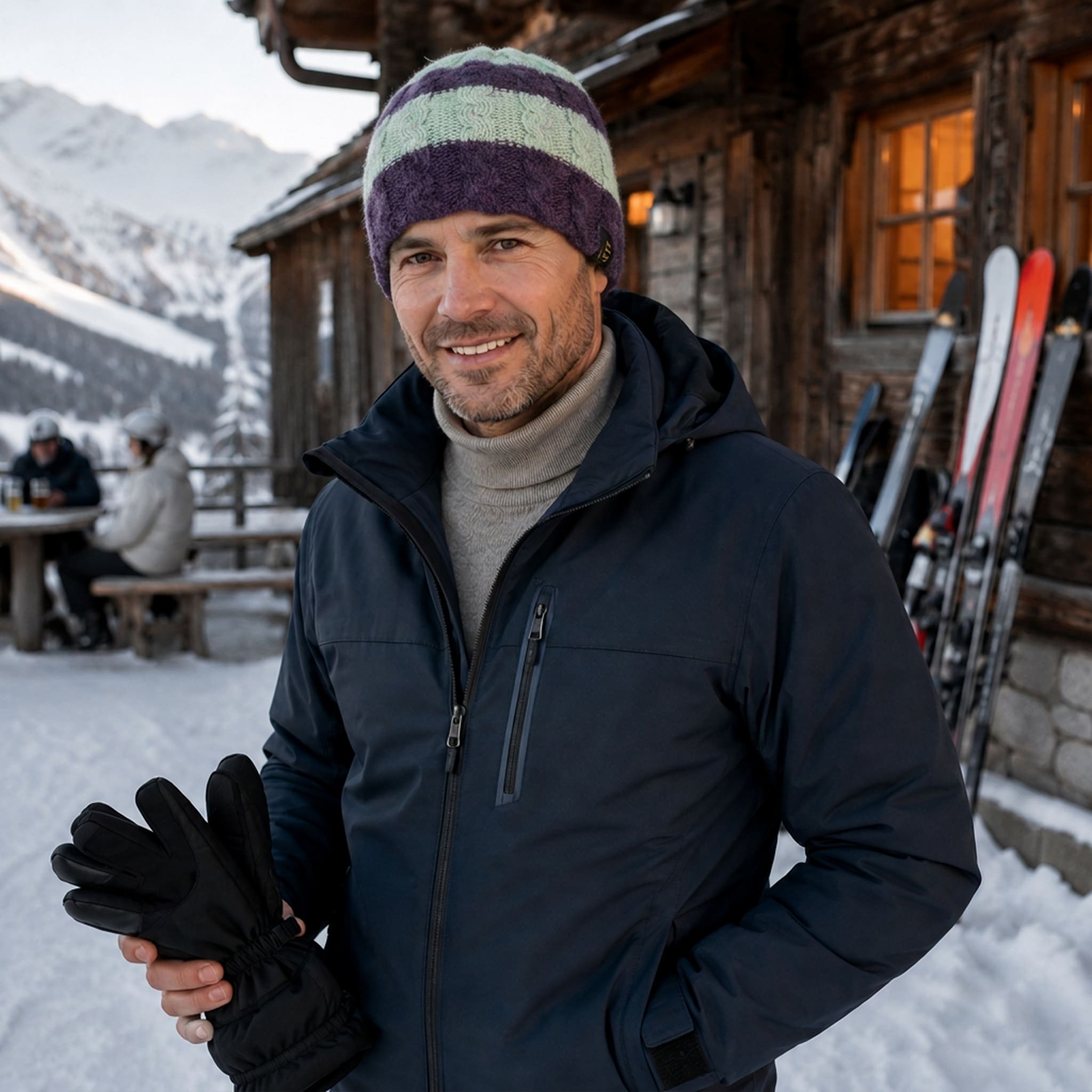 Mann trägt beim Apres Ski den Merino Beanie Stripe in dunkellila