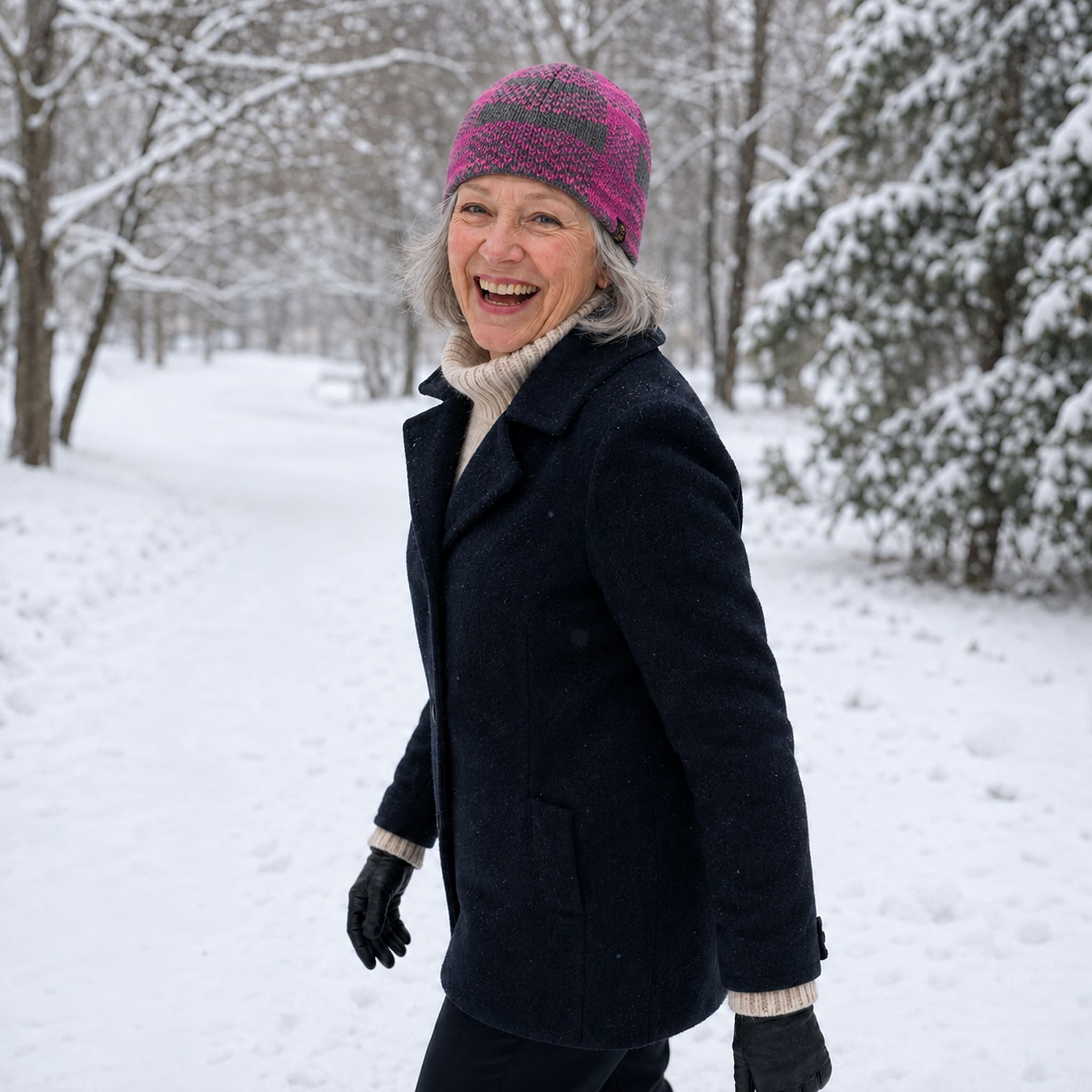 Frau mit grauen Haaren trägt in verschneiter Winterlandschaft ihre warme Merino Mütze in pink und lacht