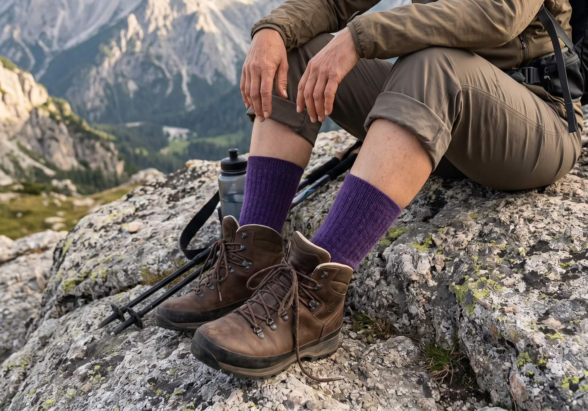 Alpaka Wandersocken in dunkellila auf einer Bergwanderung