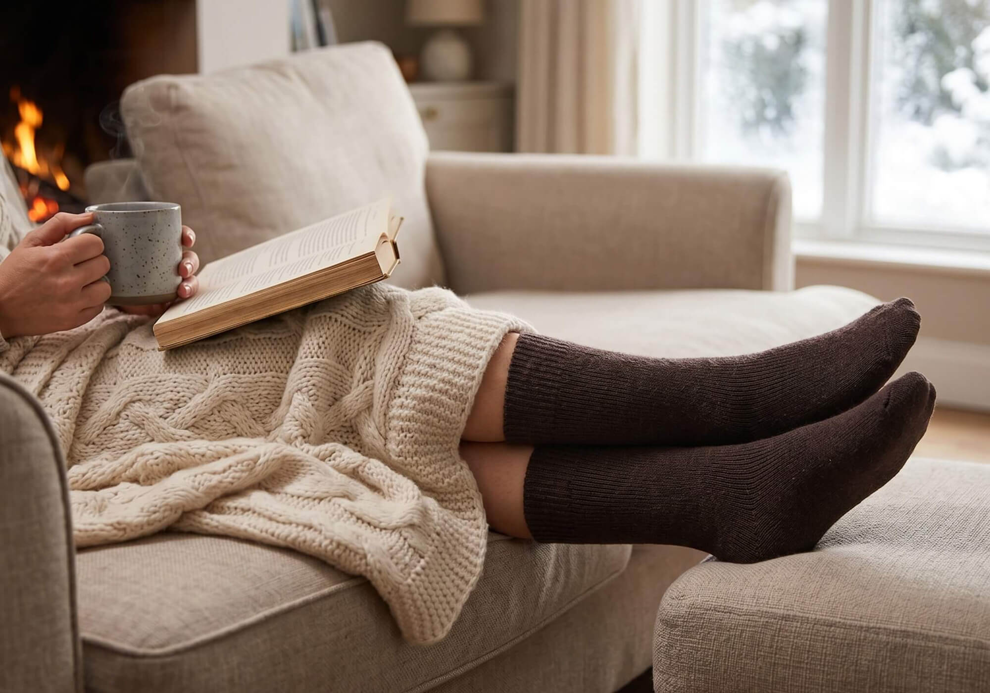 Gemütlicher Moment auf dem Sofa mit den angenehm warmen Wintersocken aus Alpakawolle