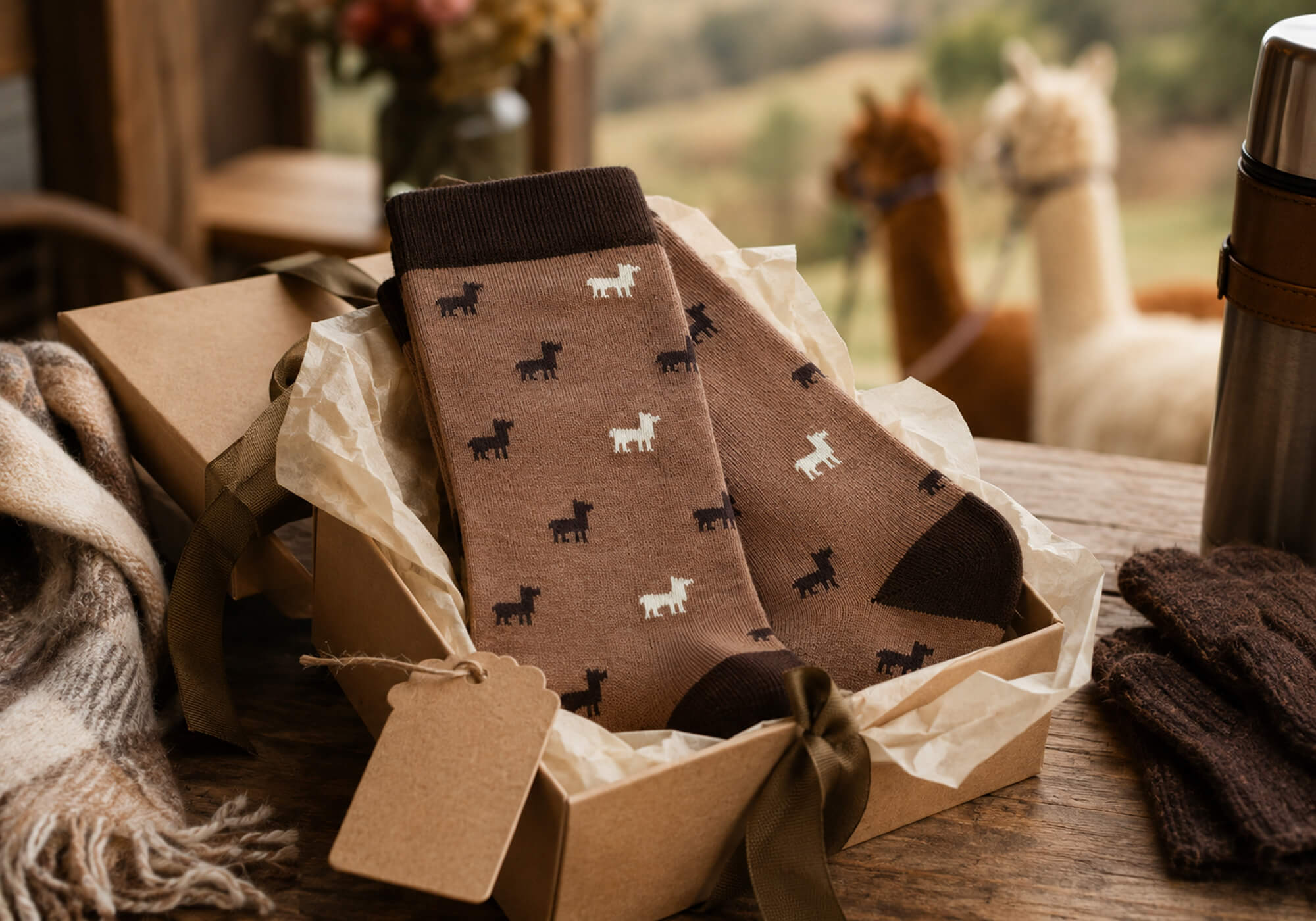 Socken mit Alpaka Motiv in braun als Geschenkidee nach der Alpaka Wanderung