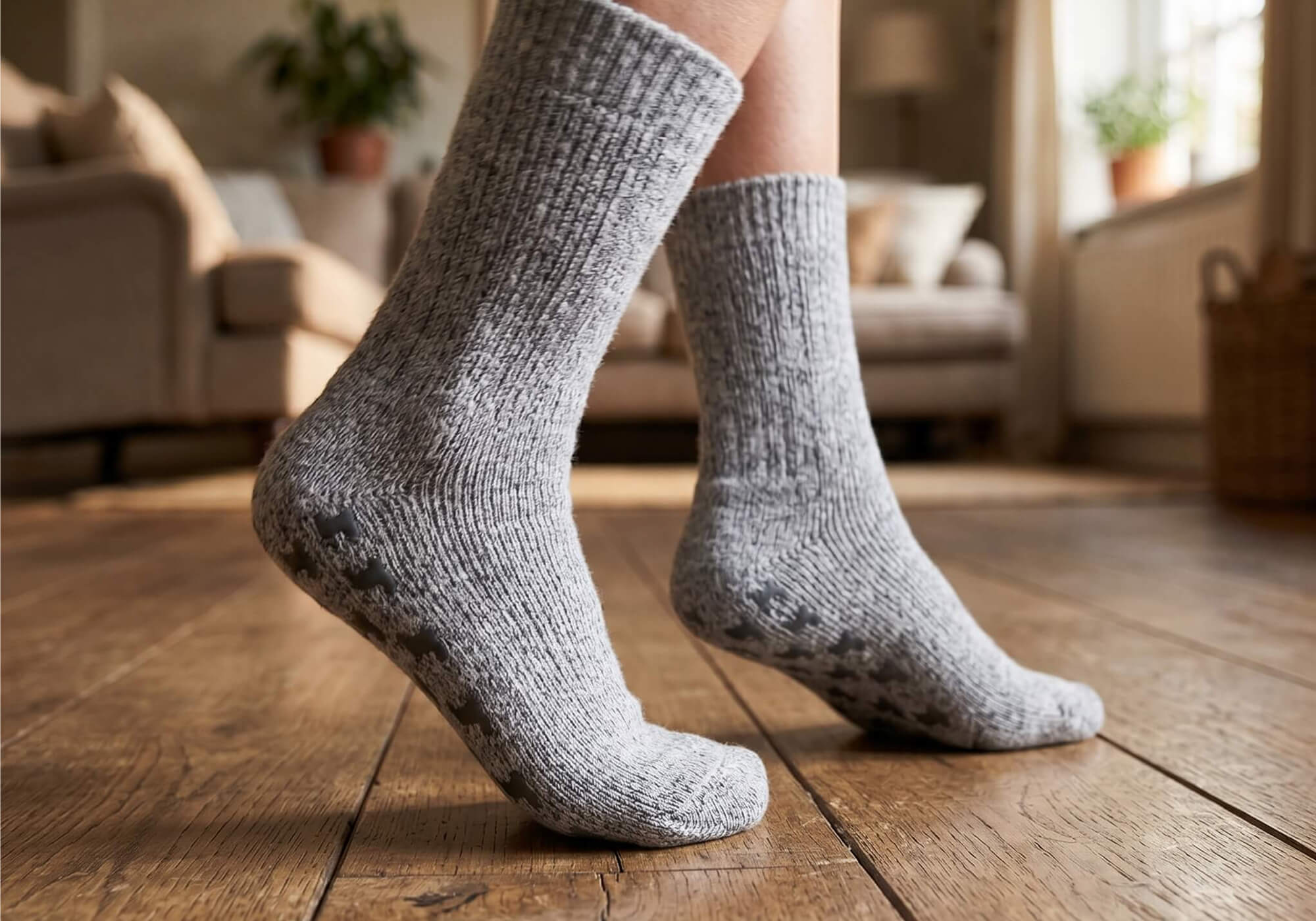 Gemütliche ABS Socken aus Alpakawolle beim Laufen auf Holzboden Zuhause