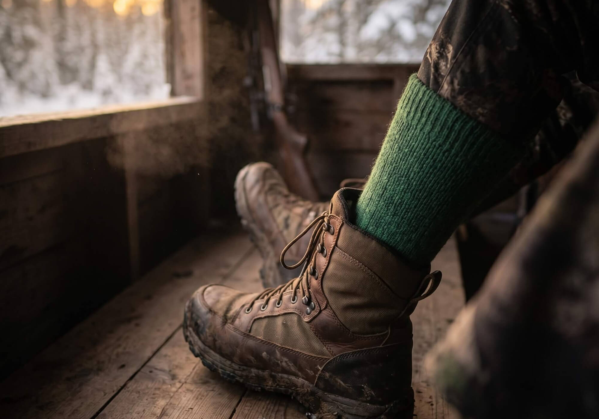 Die wärmsten Alpaka Thermosocken in grün sorgen für warme Füße beim Ansitz im Winter