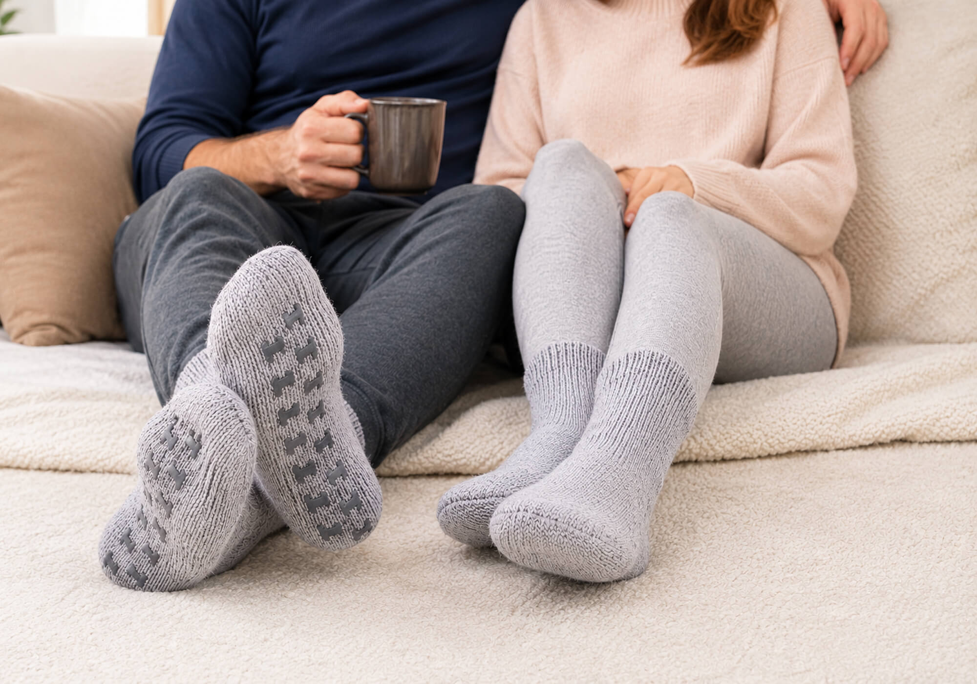 Paar sitzt gemütlich auf dem Sofa und haben warme Füße dank der Stoppersocken aus Alpakawolle von Alpakin