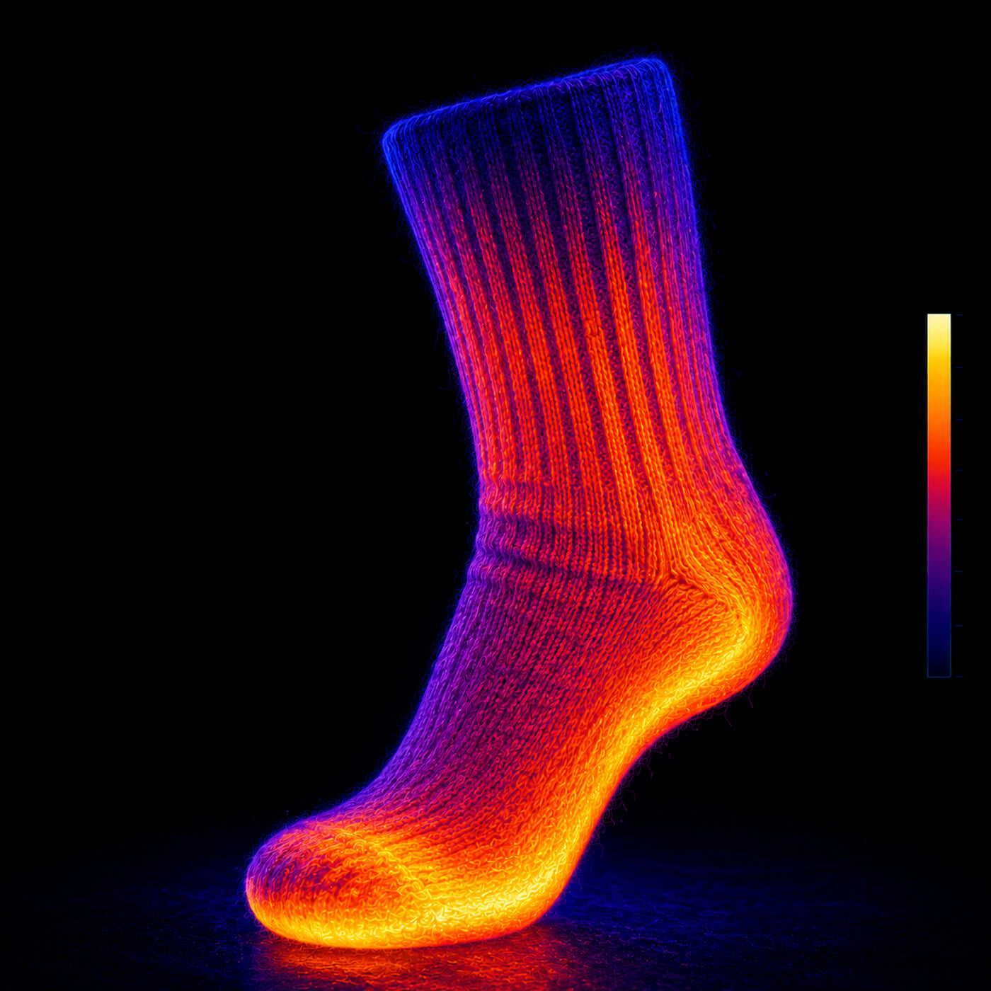 Wärmebild zeigt die herausragende Kälteisolation der wärmsten Alpaka Socken für extreme Winterbedingungen