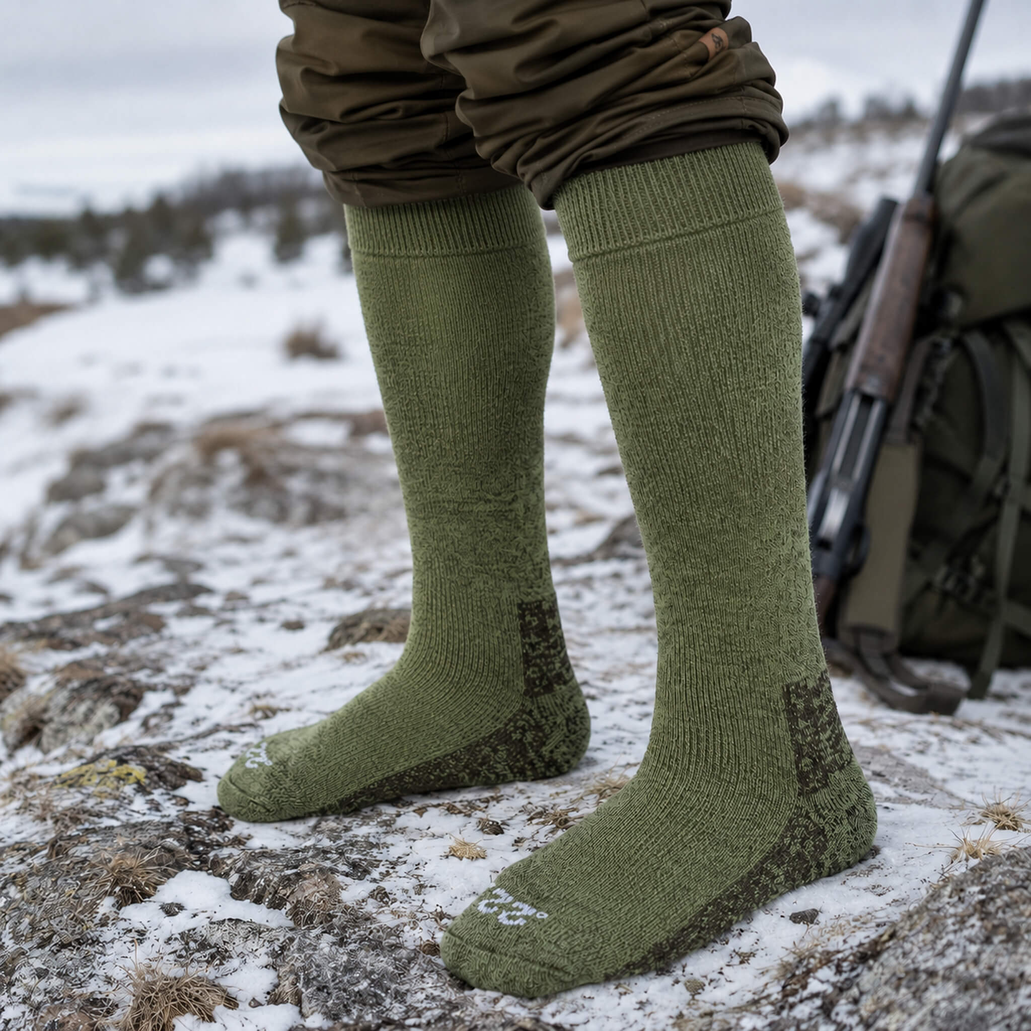 Jäger trägt die extra dicken Thermo Kniestrümpfe aus Alpakawolle in grün beim Winter Jagdansitz