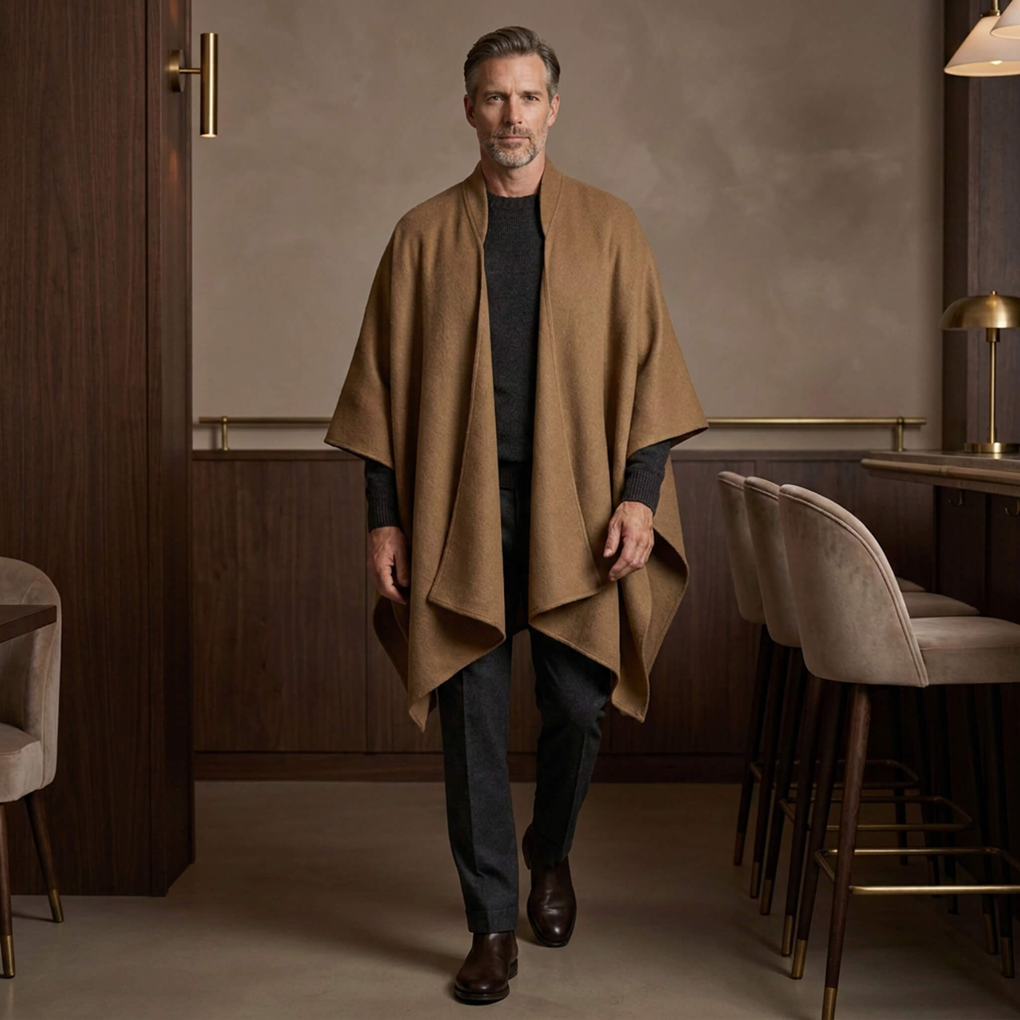 Mann läuft mit elegantem Alpaka Poncho Mantel in gold durch ein Hotel