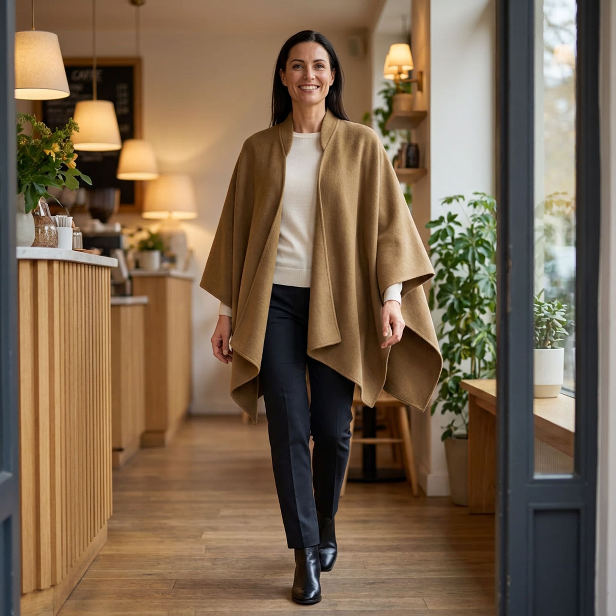 Frau trägt glücklich den langen Alpaka Poncho Mantel in gold in einem skandinavischen Cafe